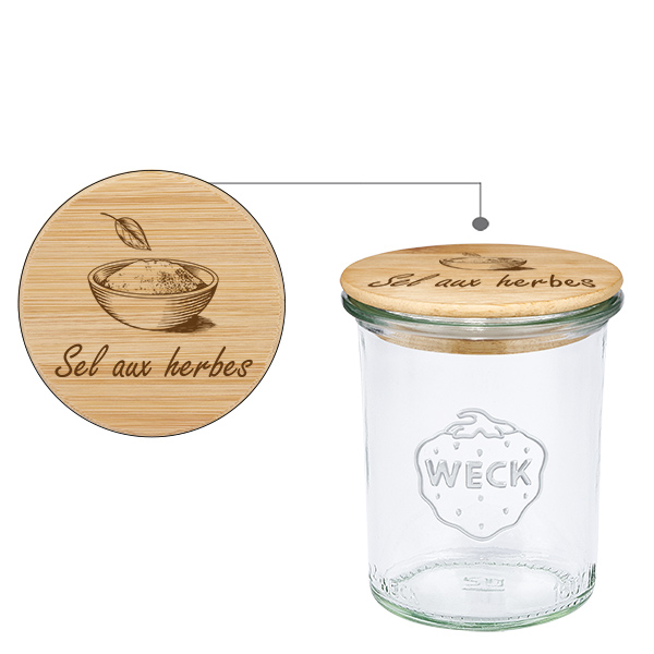 Cassetta in legno "Sel aux herbes" con verre WECK rinverdite Cassetta in legno "Sel aux herbes" con verre WECK rinverdite