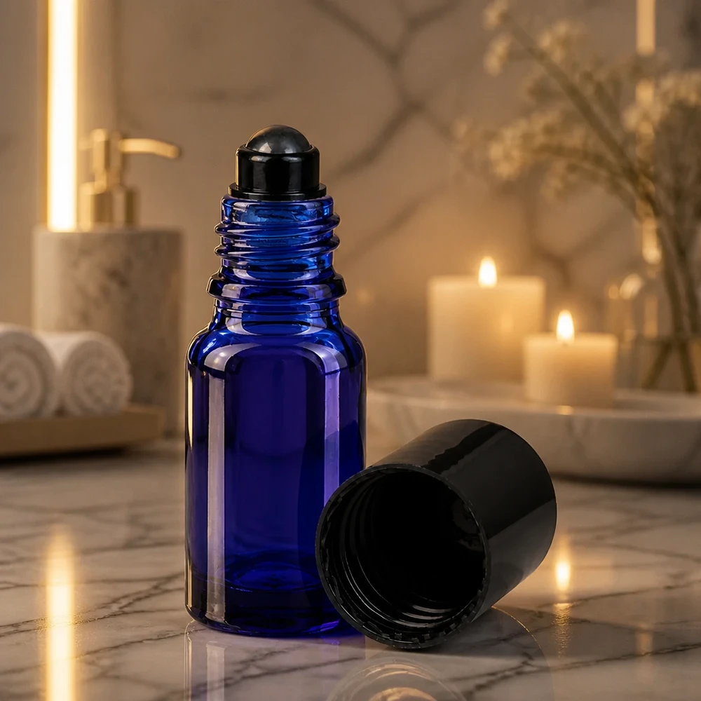 Flacone roll-on 10ml blu STD nero ApoGlas Flacone roll-on da 10 ml blu cobalto con sfera rotante nera, illuminato dalla suggestiva luce delle candele su una superficie di marmo