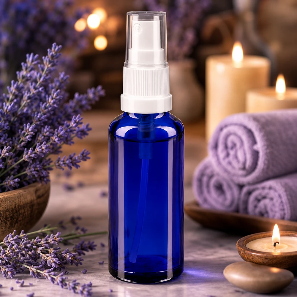 Flacone spray in vetro borosilicato blu da 10 ml con erogatore a pompa bianco, con fiori di lavanda