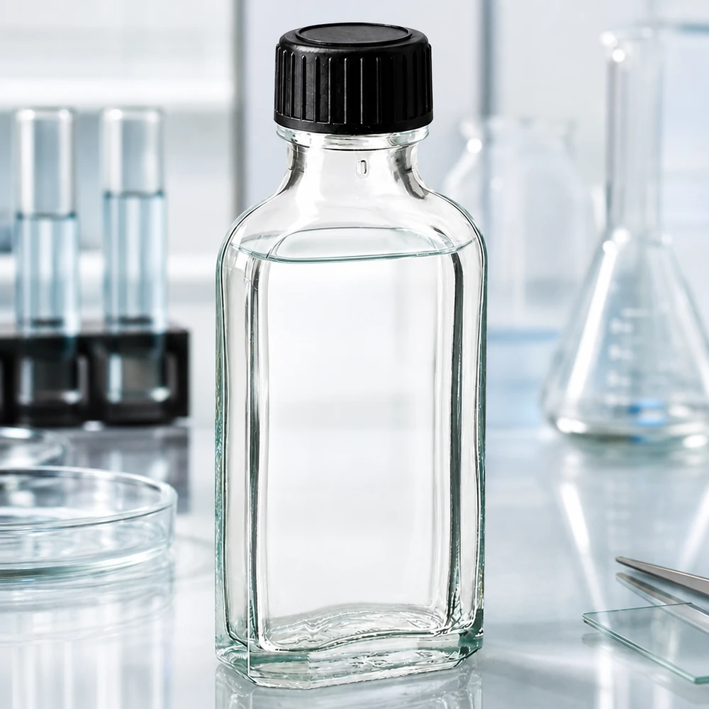 Tappo a vite trasparente Meplat da 50 ml con disco di tenuta LKD Flacone Meplat da 50 ml in vetro trasparente con tappo a vite scanalato, utilizzato in ambito di laboratorio