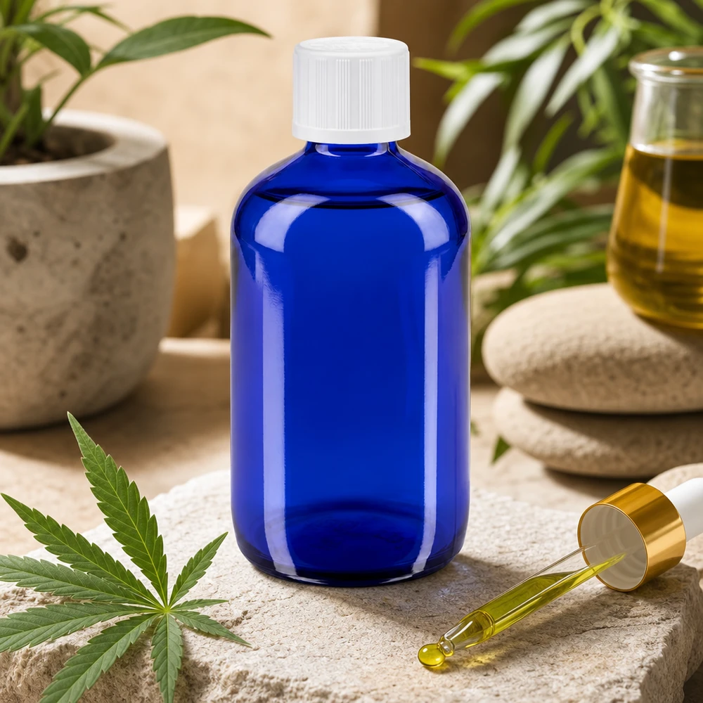 Flacone da farmacia blu da 100 ml con foglia di CBD e contagocce dorato per prodotti naturali