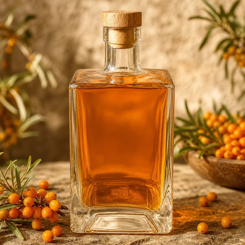 Bottiglia in vetro da 700 ml Ben con tappo in sughero con impugnatura in legno UNiTWIST® Bottiglia in vetro da 700 ml Ben riempita di liquore all'olivello spinoso arancione tra bacche di olivello spinoso decorazione naturale UNiTWIST Ho