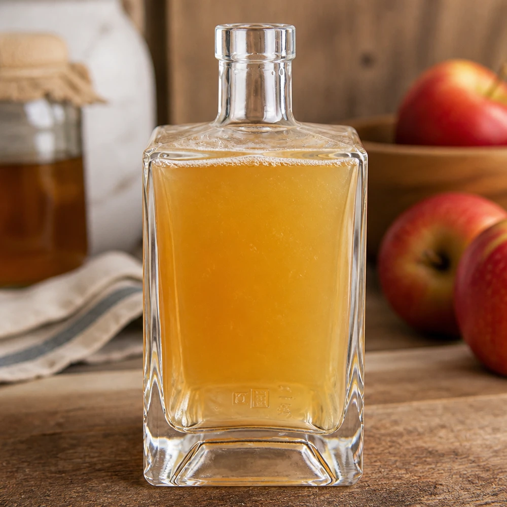 Flacone in vetro da 700 ml Ben senza tappo UNiTWIST® Bottiglia di vetro da 700 ml Ben riempita di succo di mela accanto a mele rosse su tavola di legno atmosfera naturale in cucina