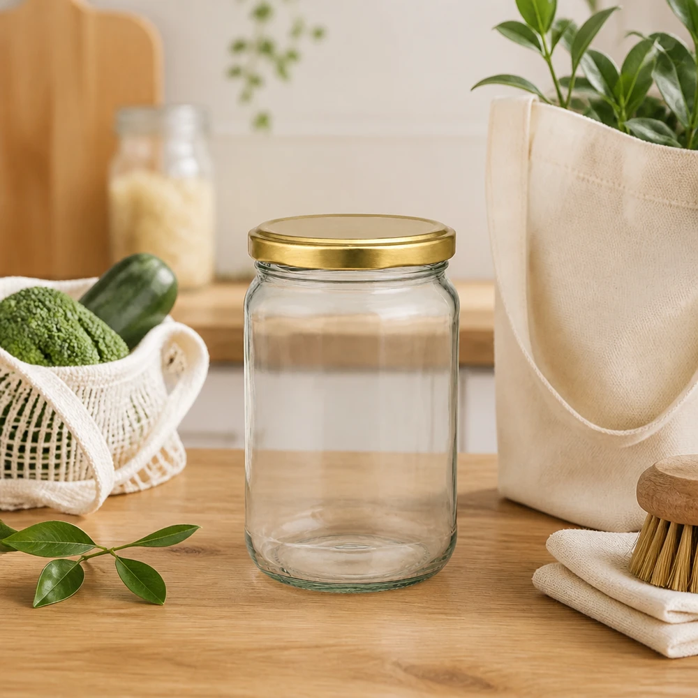 Barattolo rotondo da 305 ml con coperchio BasicSeal oro UNiTWIST 305ml Rundglas BasicSeal UNiTWIST gold in nachhaltiger Küchenszene mit Öko-Tasche und Zero-Waste-Zubehör