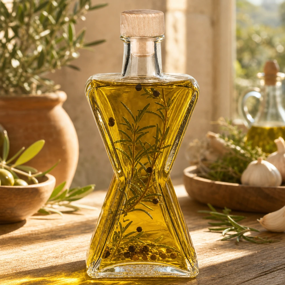 Bottiglia in vetro da 200 ml Star con tappo in sughero con impugnatura in legno UNiTWIST® Bottiglia di vetro da 200 ml Star riempita con olio alle erbe e rosmarino - tappo di legno UNiTWIST per oli e aceti aromatizzati