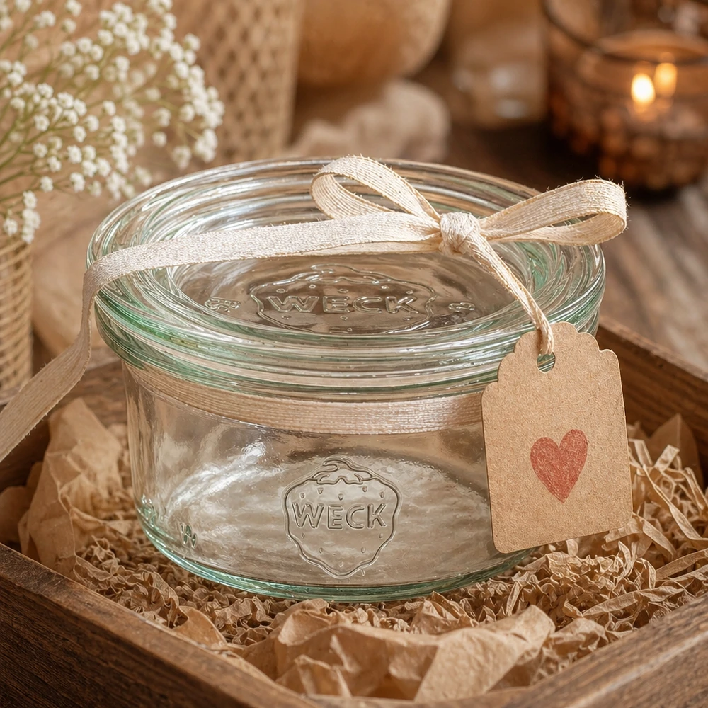 Bicchieri da 50 ml con coperchio in vetro WECK RR60 Bicchieri WECK da 50 ml presentati come regalo decorativo con nastro e ciondolo a cuore in un ambiente rustico
