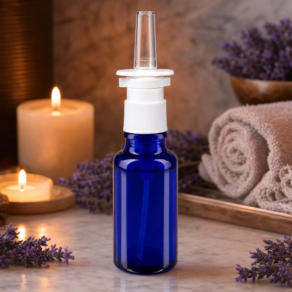 Flacone spray nasale da 20 ml di colore blu cobalto con anello a vite bianco e beccuccio conico in vetro trasparente