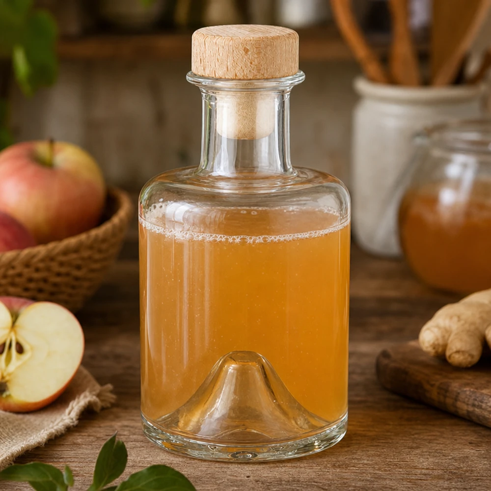 Bottiglia in vetro di Sofia da 200 ml con tappo in legno riempita di aceto di sidro di mele accanto a mele e zenzero in una scena di cucina naturale