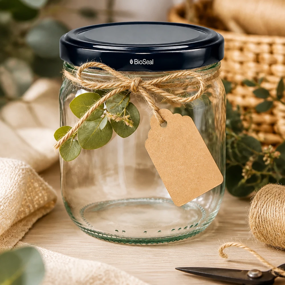 Barattolo rotondo da 425 ml con coperchio BioSeal nero UNiTWIST. 425 ml di vetro rotondo BioSeal nero decorativo con etichetta in corda di iuta e ramoscello di eucalipto come confezione regalo