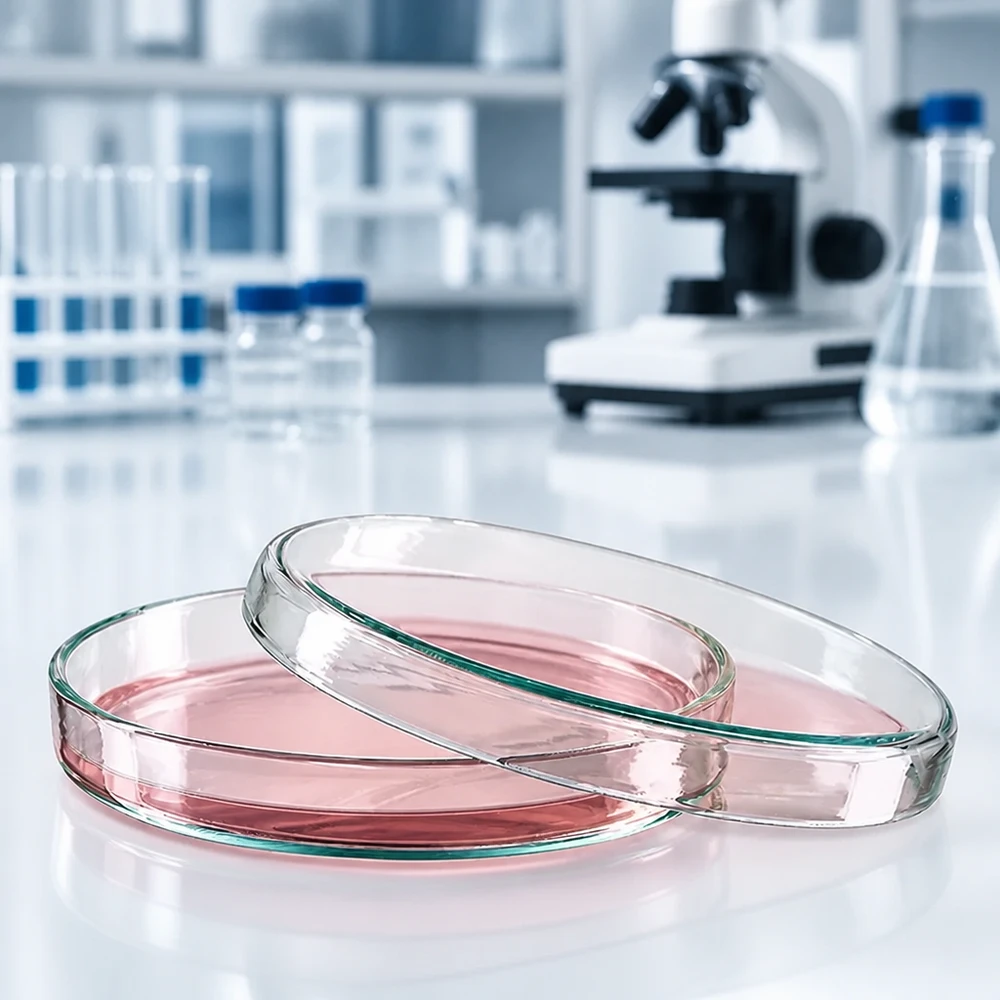 Due piastre di Petri in vetro da 90x15 mm contenenti un liquido di coltura cellulare di colore rosa nel laboratorio di ricerca