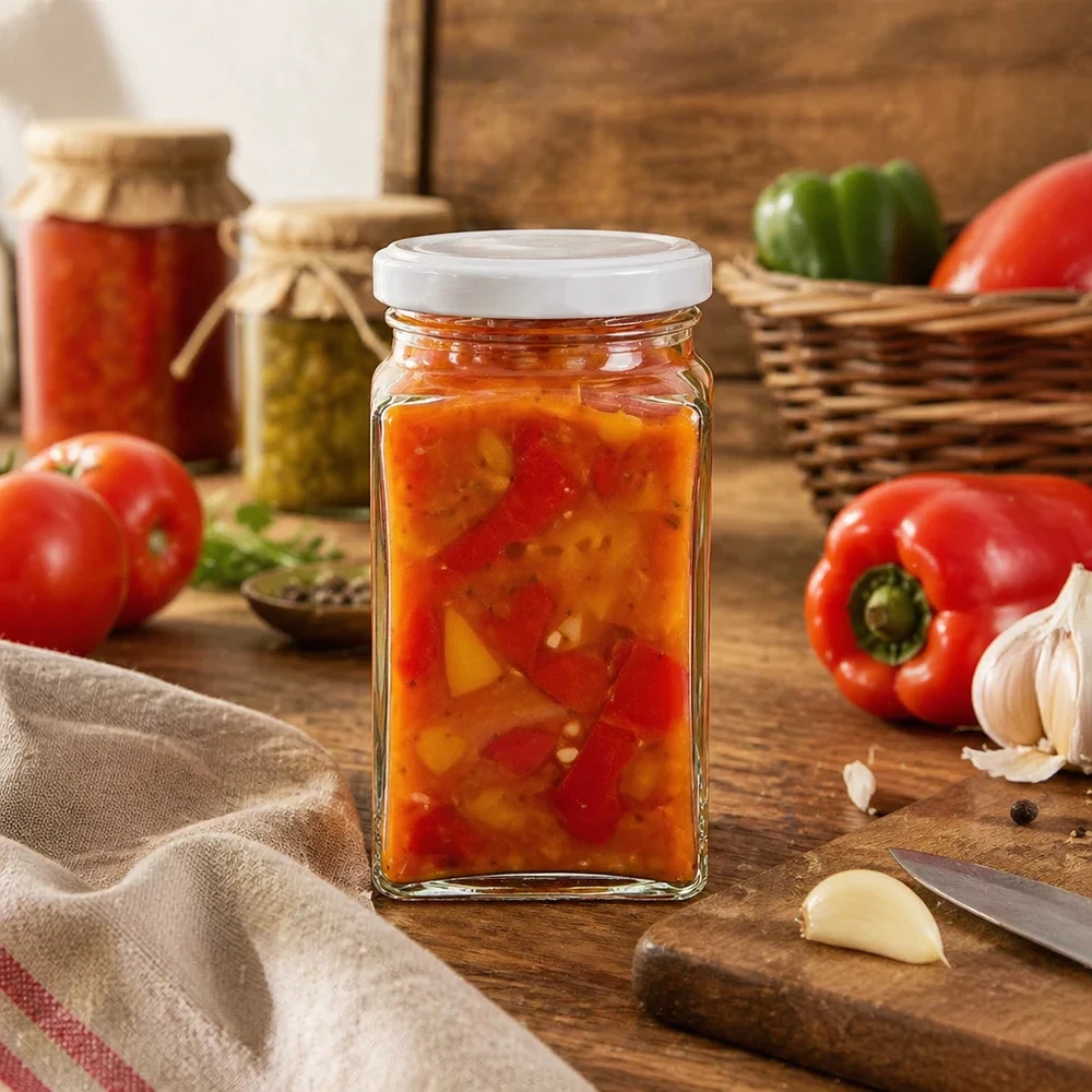 Barattolo tetra da 260 ml con coperchio BasicSeal bianco UNiTWIST. Barattolo tetra da 260 ml di BasicSeal riempito con crema spalmabile per verdure accanto a peperoni, pomodori e conserve rustiche all'aglio