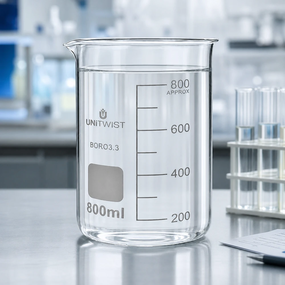 Bicchiere da laboratorio trasparente da 800 ml, modello alto UNITWIST BORO3.3, su un tavolo da laboratorio bianco con provette