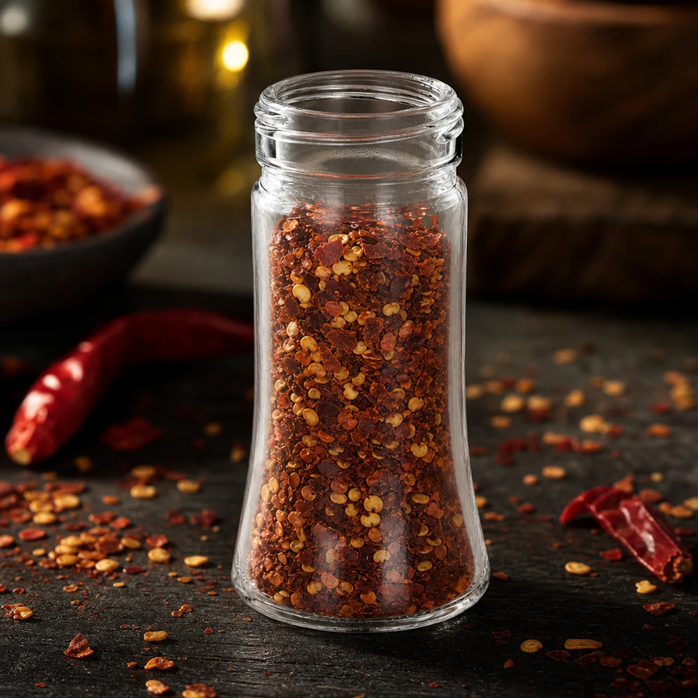 Barattolo per sale/spezie Bobby 95ml, filo 41mm vetro trasparente Barattolo per spezie Bobby da 95 ml riempito con fiocchi di peperoncino su una base rustica in legno scuro