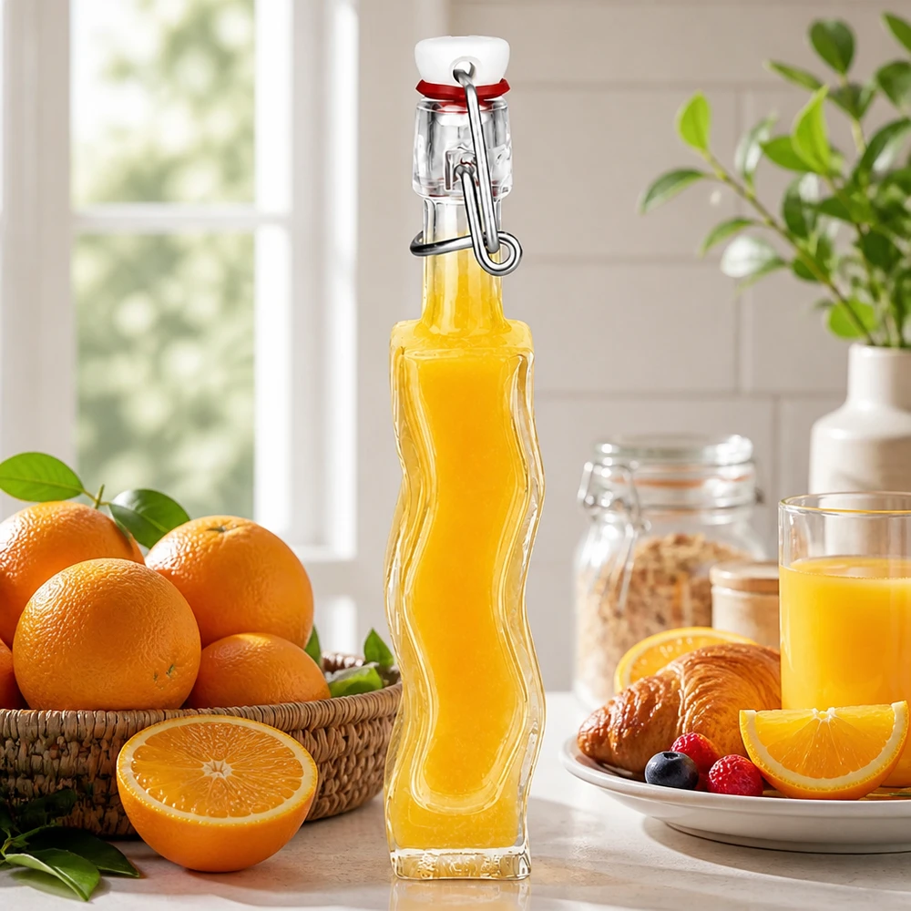 Bottiglia in vetro Anna da 40 ml con ripieno arancione accanto ad arance fresche e croissant in una scena di cucina soleggiata