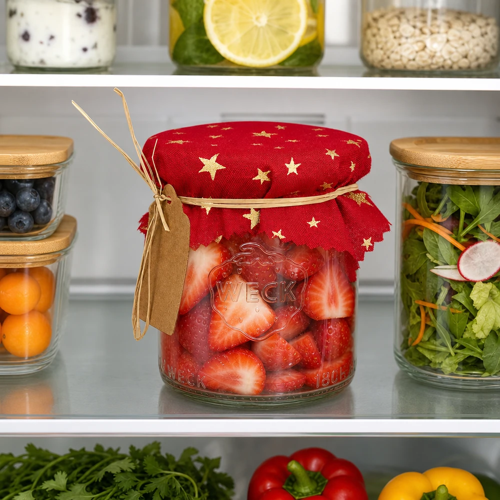 Centrino rosso a forma di stella 12cm in frigorifero su vaso da conserva con fragole tra vasi da conserva e insalata