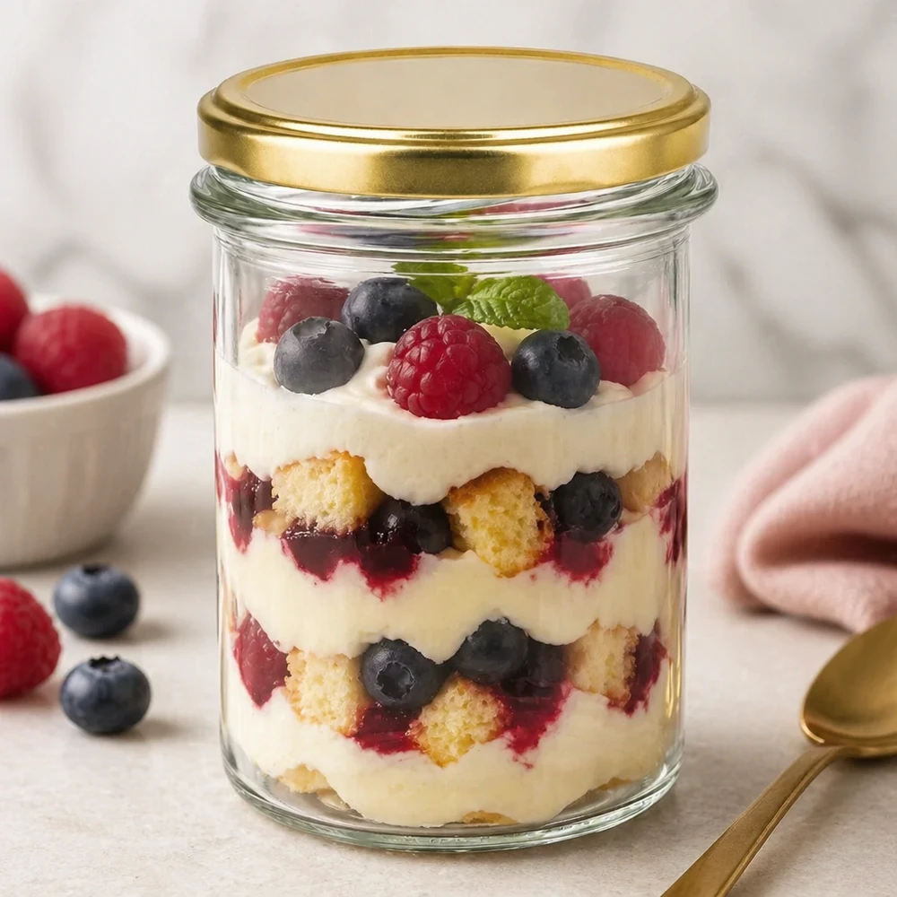 Bicchieri da 230 ml con coperchio BasicSeal oro UNiTWIST Bicchieri BasicSeal oro UNiTWIST da 230 ml riempiti di crema di frutti di bosco a strati come bicchiere da dessert