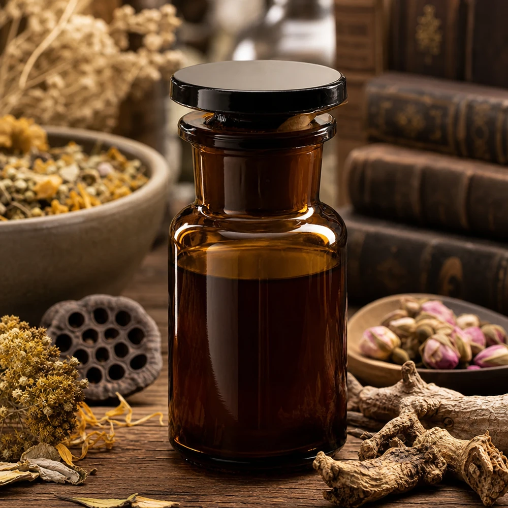 Piccola bottiglietta di vetro ambrato da 50 ml con collo largo e tappo, circondata da erbe medicinali essiccate e radici