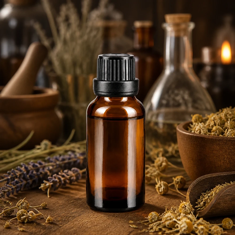 Piccola bottiglietta di vetro marrone da 20 ml con tappo originale nero, circondata da erbe essiccate