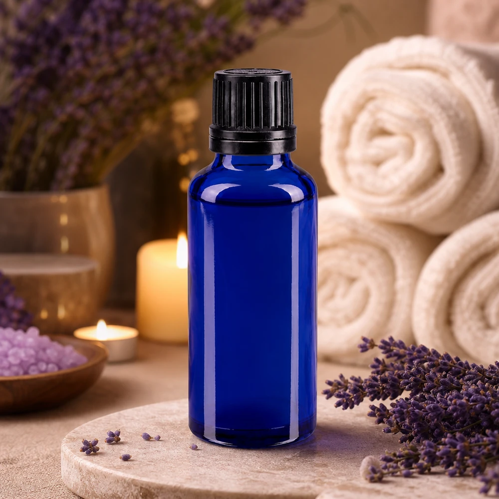 Flacone contagocce blu da 30 ml in vetro da farmacia con tappo originale a prova di bambino