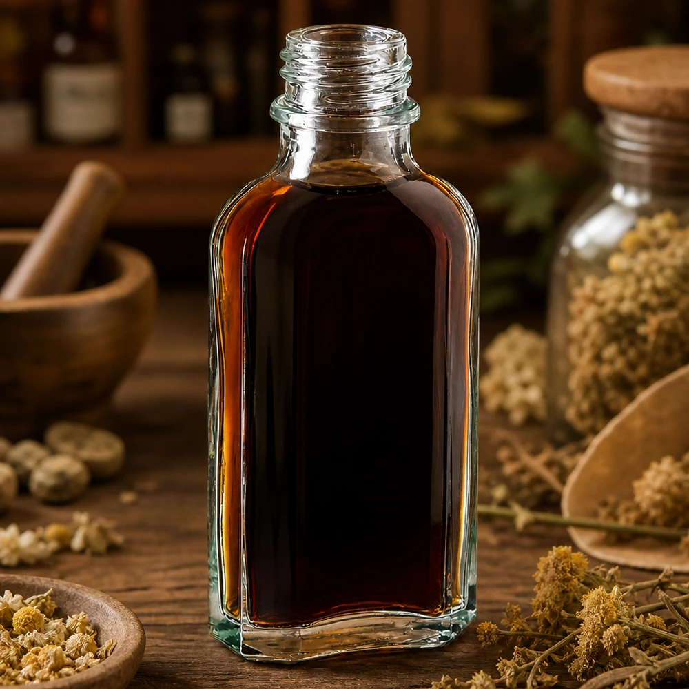 Piccola bottiglia di vetro da 50 ml con estratto di erbe scuro e tappo DIN22