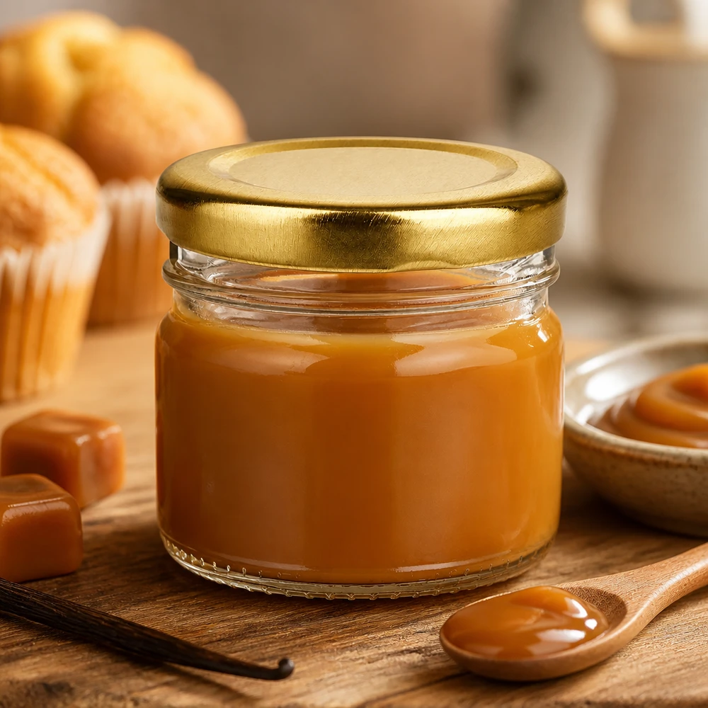 Vasetto monodose compatto UniTwist da 33 ml con coperchio dorato, accanto a un cucchiaio di legno e pezzetti di caramello