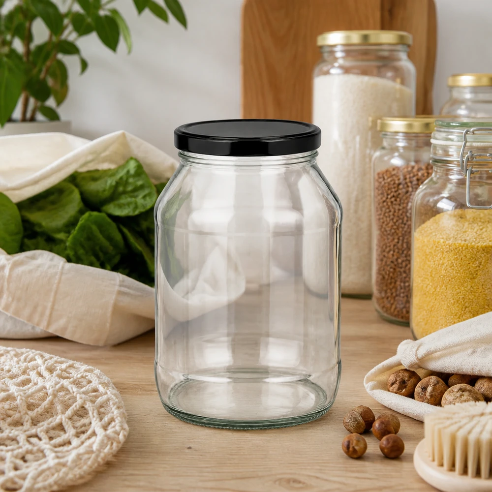 Barattolo rotondo da 2650 ml con coperchio BasicSeal nero UN... Leeres 2650ml Rundglas mit schwarzem Deckel auf Holztisch mit Nüssen Getreide und nachhaltigen Küchenutensilien