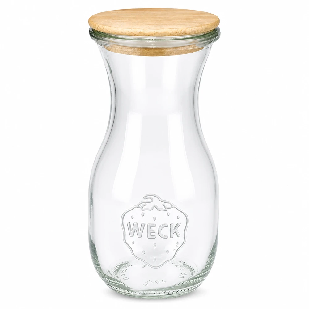 Bottiglia di succo WECK da 290 ml con coperchio in legno Bottiglia di succo WECK da 290 ml in vetro con coperchio in legno e logo in rilievo su sfondo bianco