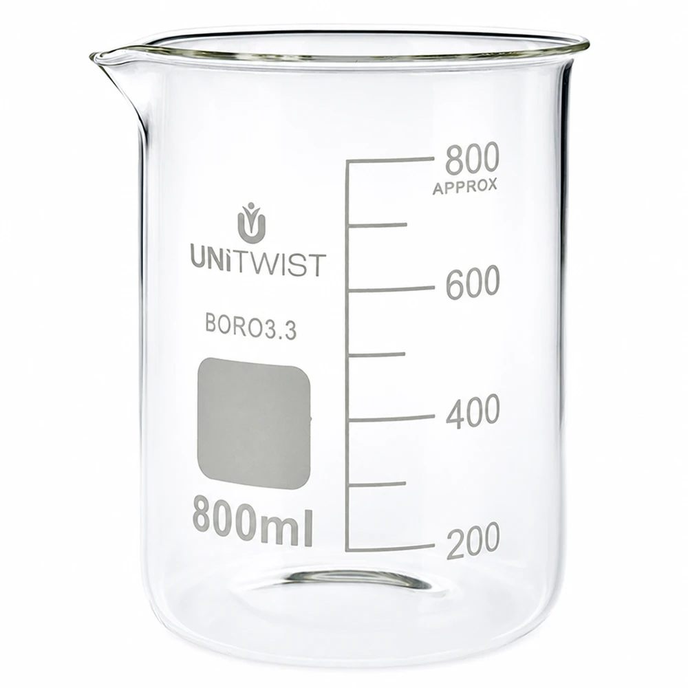 Bicchiere da laboratorio da 800 ml in borosilicato, forma bassa, con graduazione, di UNiTWIST