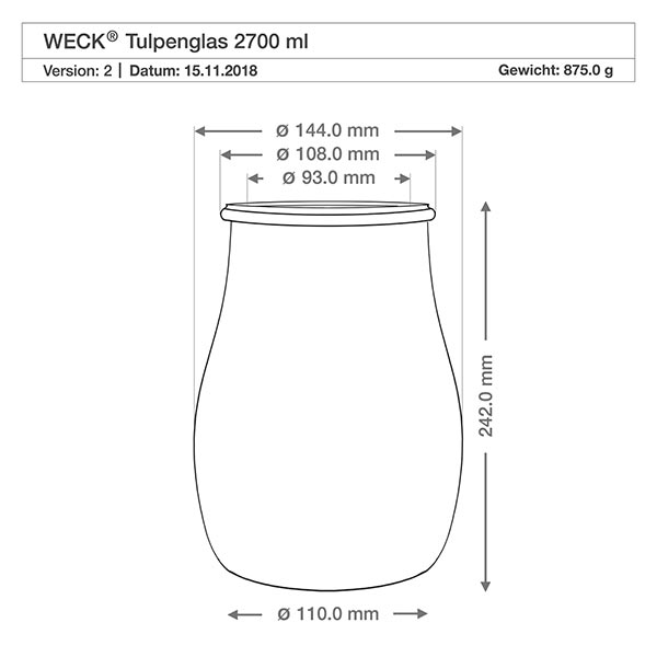 Set di 6 vasi a tulipano in vetro Weck da 2700 ml, tumbler da 2,5 L con 6 coperchi Disegno tecnico del vaso a tulipano WECK 2700ml con dimensioni - diametro 144 mm, altezza 242 mm, peso 875g