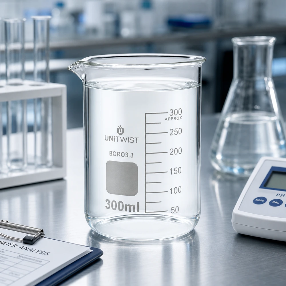 Bicchiere da laboratorio UNiTWIST da 300 ml in borosilicato, a forma bassa, in un laboratorio professionale su un tavolo in acciaio inossidabile