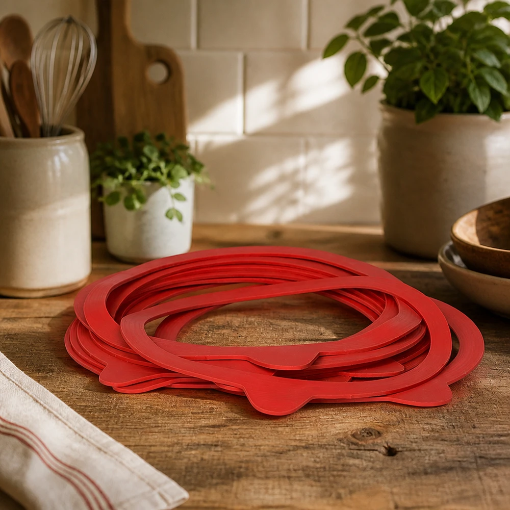 Anelli di conservazione in gomma naturale RR120 rossi disposti a ventaglio su un piano di lavoro in legno in una cucina accogliente con vasi di erbe aromatiche