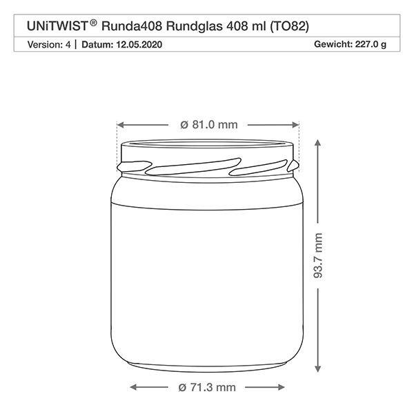 UNiTWIST Runda408 - Vaso rotondo capacità 408ml TO8 UNiTWIST Runda408 bicchiere rotondo 408ml TO82 disegno tecnico con dimensioni diametro 81mm altezza 93.7mm peso 227g