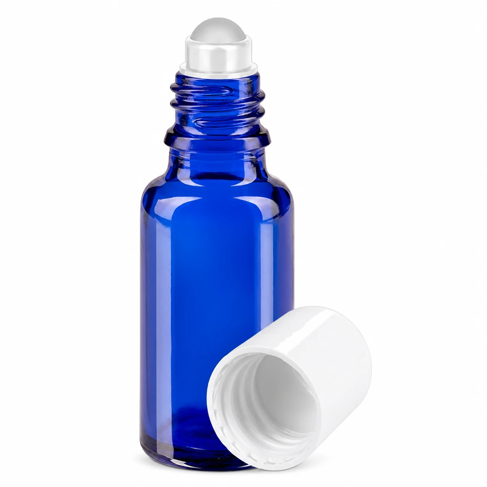 Flacone roll-on blu da 20ml STD bianco ApoGlas Flacone roll-on blu da 20 ml in vetro da farmacia con tappo bianco e sfera rotante