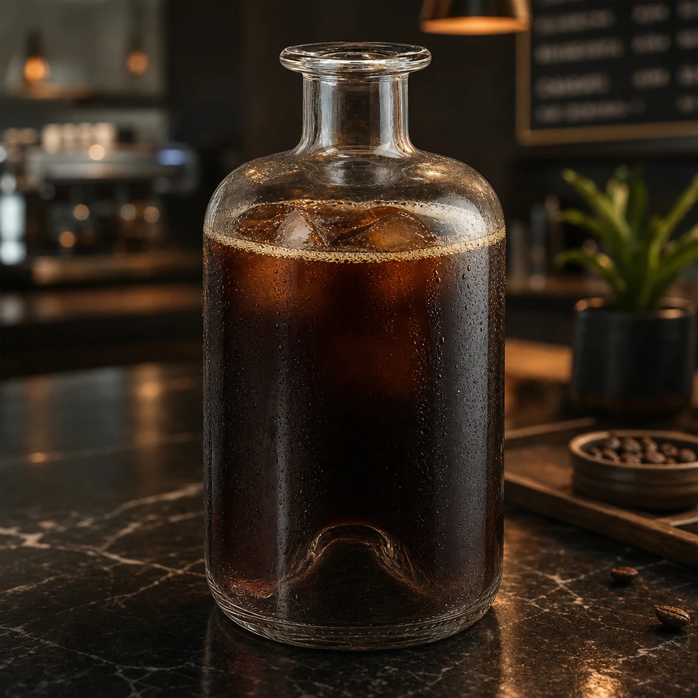 Flacone farmaceutico da 500 ml 500ml Glasflasche "Luna" ohne Verschluss UNiTWIST senza tappo UNiTWIST® Bottiglia Luna da 500 ml riempita di caffè freddo su un tavolo di marmo in un'atmosfera da caffè moderno.