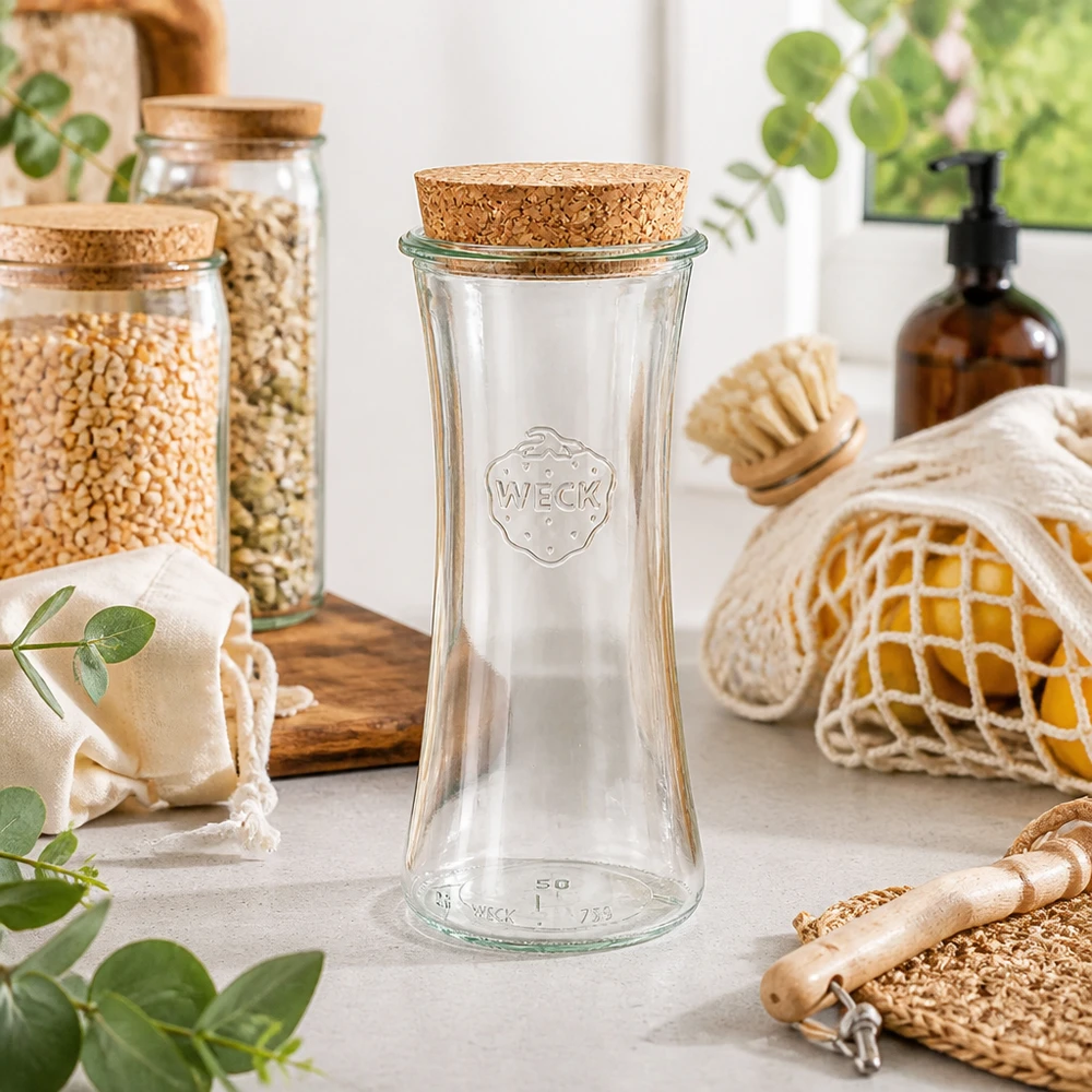 Vaso da 700 ml per gastronomia WECK RR80 con tappo in sughero naturale WECK RR80 barattolo per salumi 700ml vuoto con coperchio in sughero in cucina sostenibile a spreco zero tra i barattoli di stoccaggio