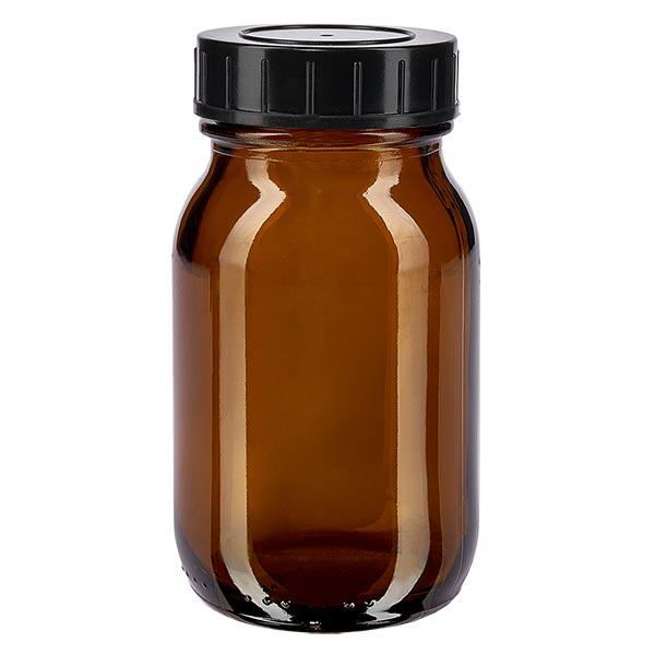 Bottiglia a collo largo da 100 ml in vetro ambrato con tappo a vite