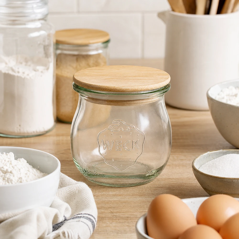 Barattolo WECK a tulipano RR40 75ml con coperchio in bambù in una cucina moderna circondata da uova, farina e utensili da cucina