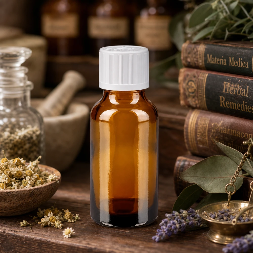 Flacone da farmacia in vetro ambrato da 20 ml con tappo di sicurezza per bambini bianco, accanto alla Materia Medica e ai libri di erboristeria