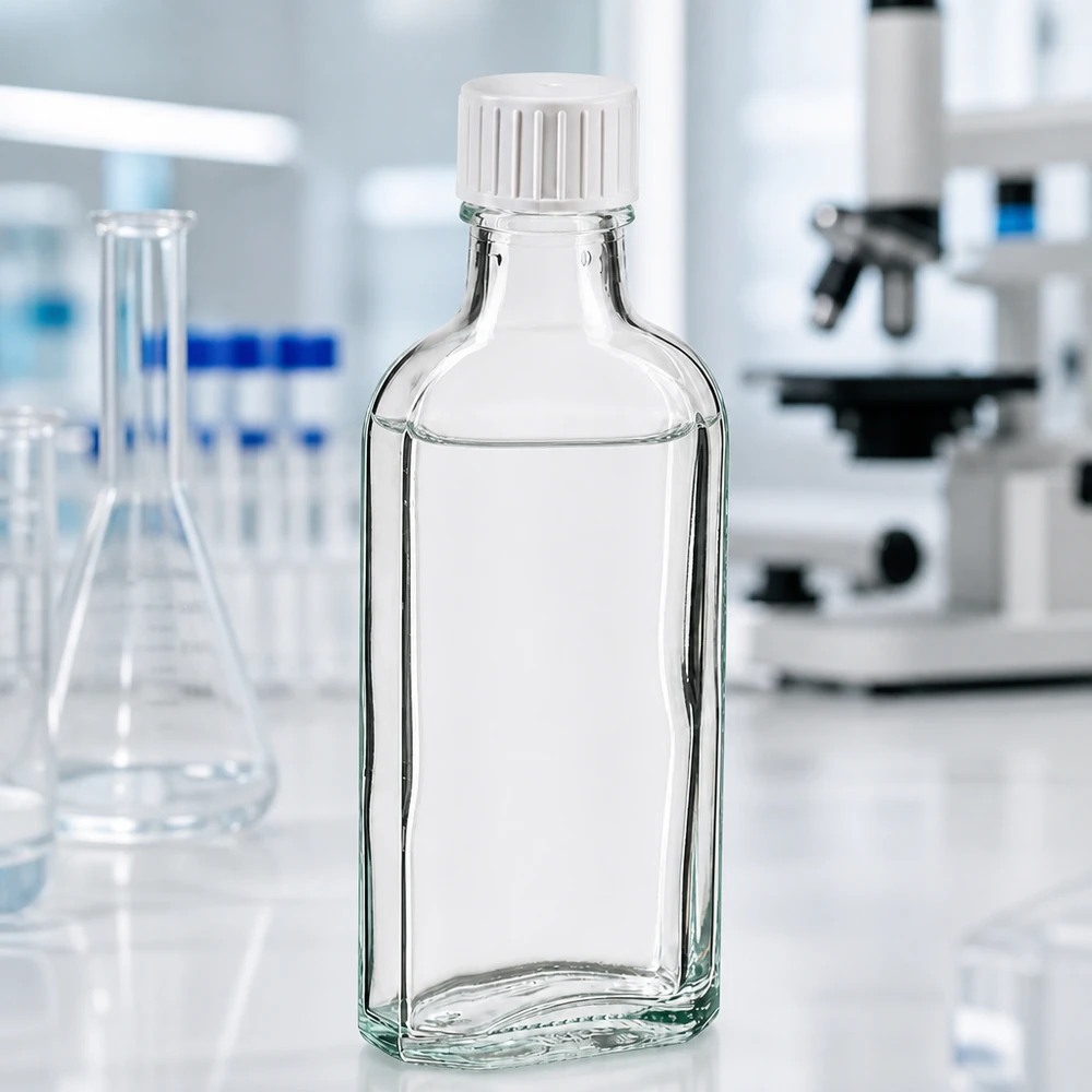 Flacone di vetro trasparente da 100 ml con tappo a vite bianco e anello versatore in laboratorio