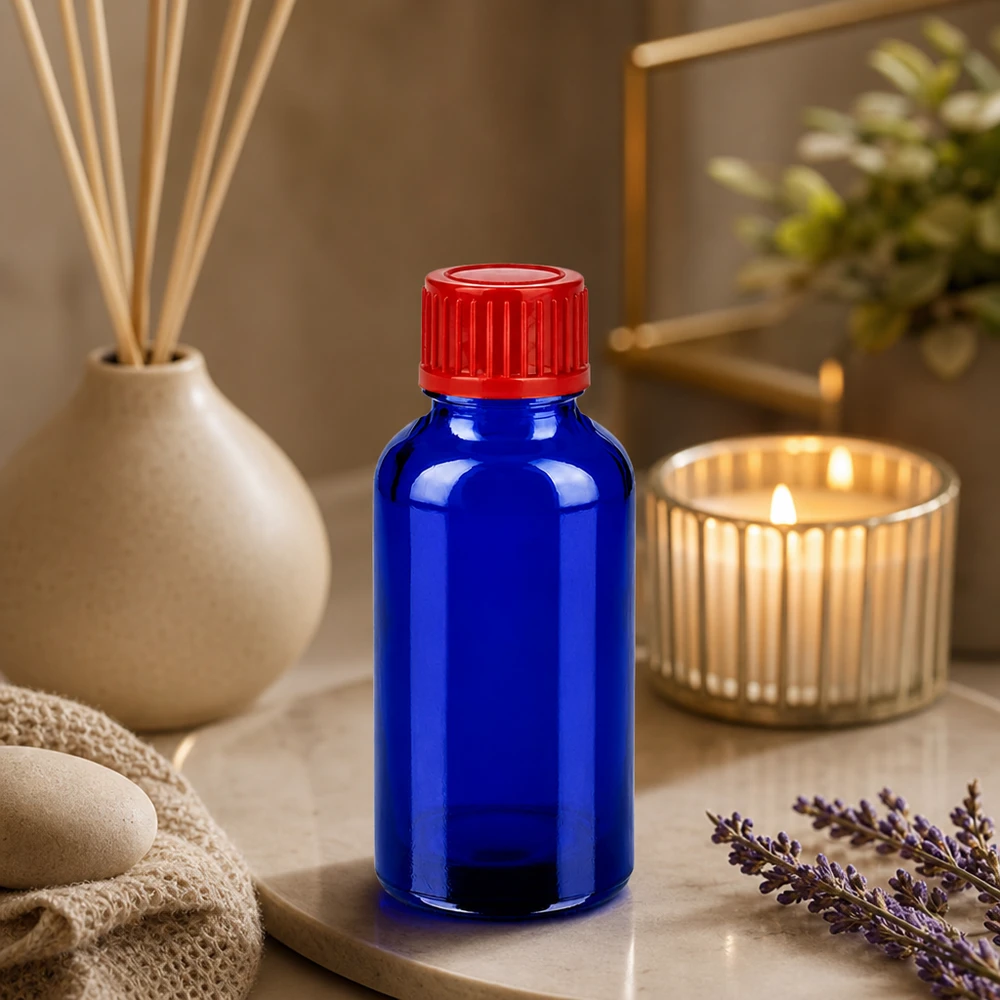 Flacone da 30ml 11mm SV rosso STD BlueLine UT18/30 Versatile flacone in vetro da 30 ml con coperchio rosso, ideale per cosmetici fai da te e rimedi naturali