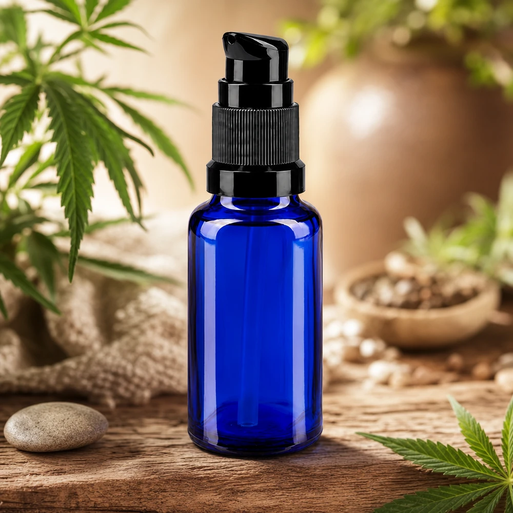 Flacone con dosatore da 20 ml in vetro da farmacia di colore blu cobalto con dosatore nero, raffigurante piante di cannabis