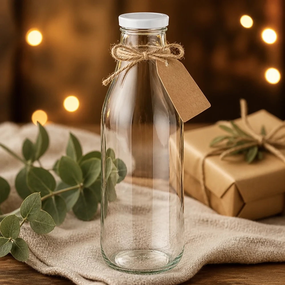 Bottiglia di vetro da 1000 ml + coperchio BasicSeal bianco UN.. Bottiglia di vetro da 1000 ml Coperchio BasicSeal Confezione regalo bianca Sacchetto di iuta Decorazione con eucalipto Luce calda Presentazione rustica