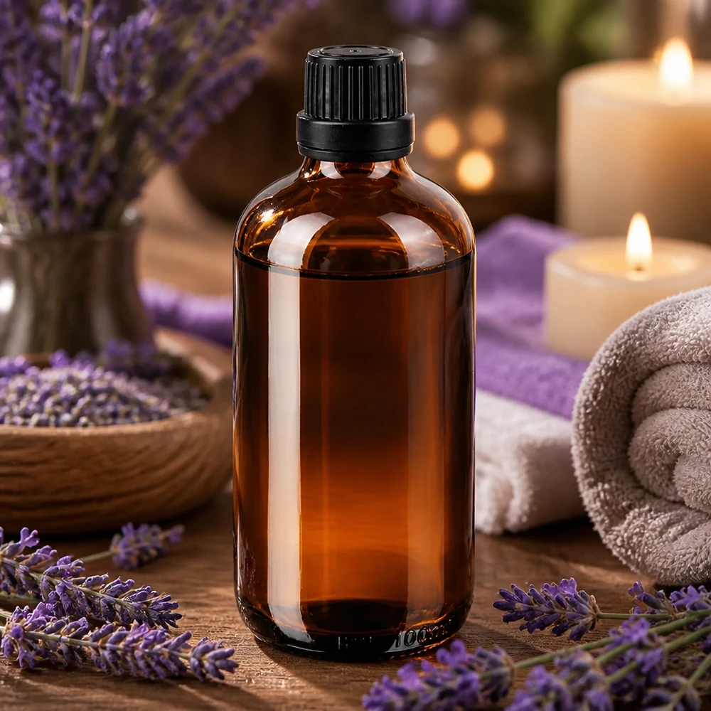 Flacone da farmacia da 100 ml in vetro ambrato con contagocce da 2 mm, circondato da fiori di lavanda e candele