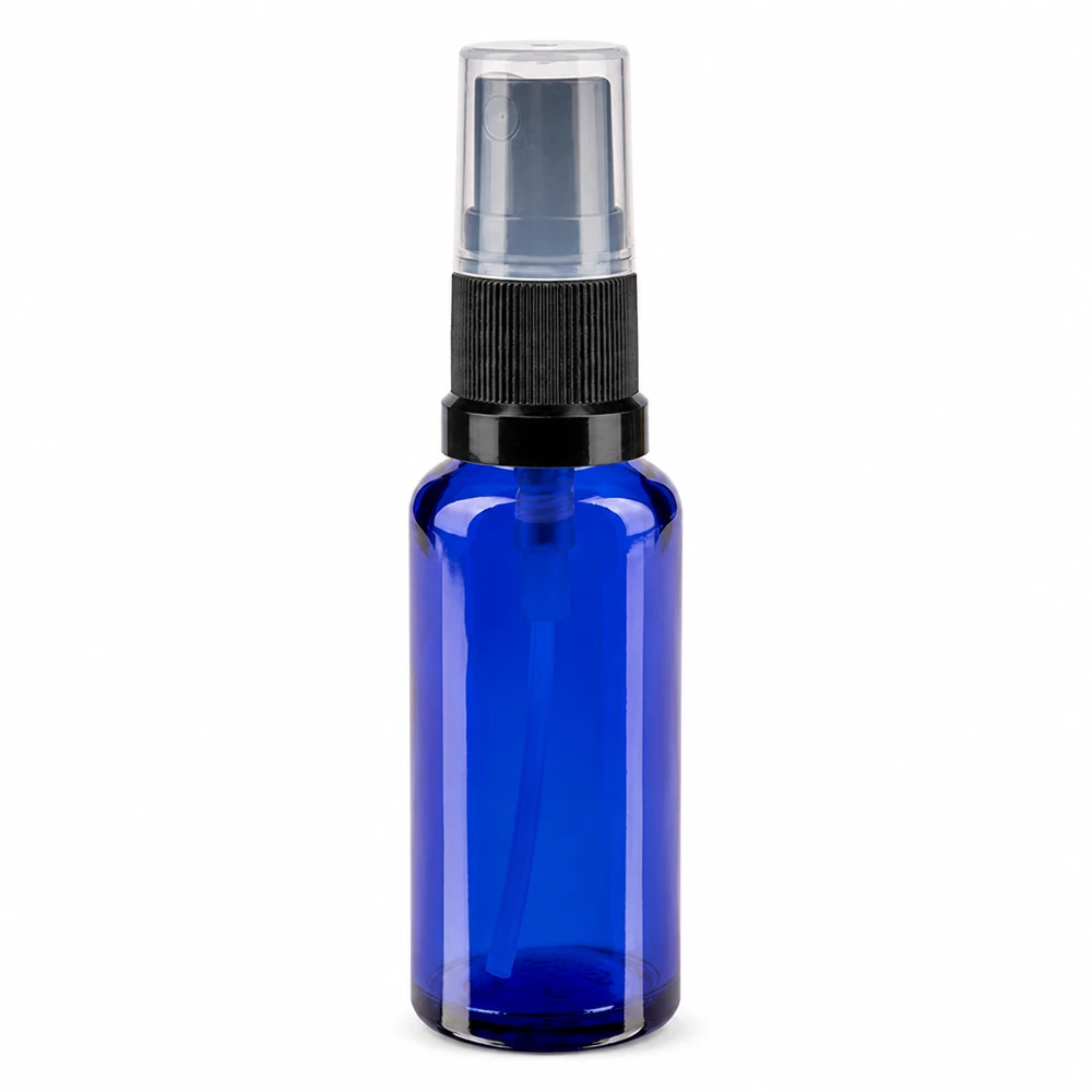 Flacone spray blu da 30 ml. STD nero/trasp. apoGlas Flacone in vetro blu da 30 ml con erogatore a spruzzo nero e tappo protettivo trasparente per uso farmaceutico