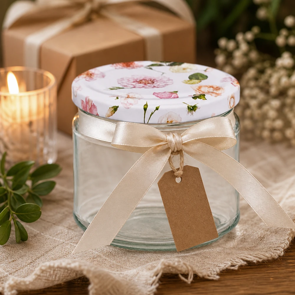 Vaso rotondo da 330 ml BasicSeal coperchio fiori rosa in regalo con fiocco e etichetta decorazione vaso da conserva