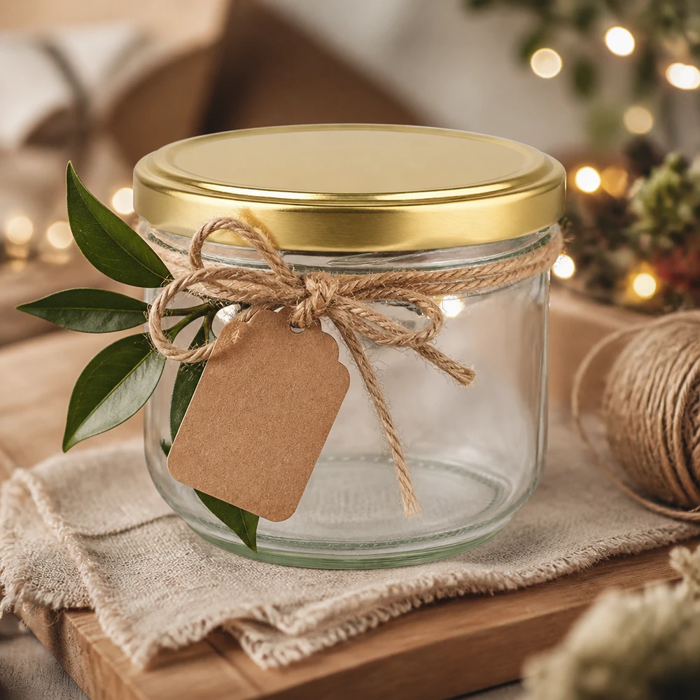 Bicchieri da 260 ml con coperchio BasicSeal oro UNiTWIST Barattolo BasicSeal da 260 ml con coperchio UNiTWIST dorato, decorato per Natale con un nastro di rafia e un'etichetta regalo.