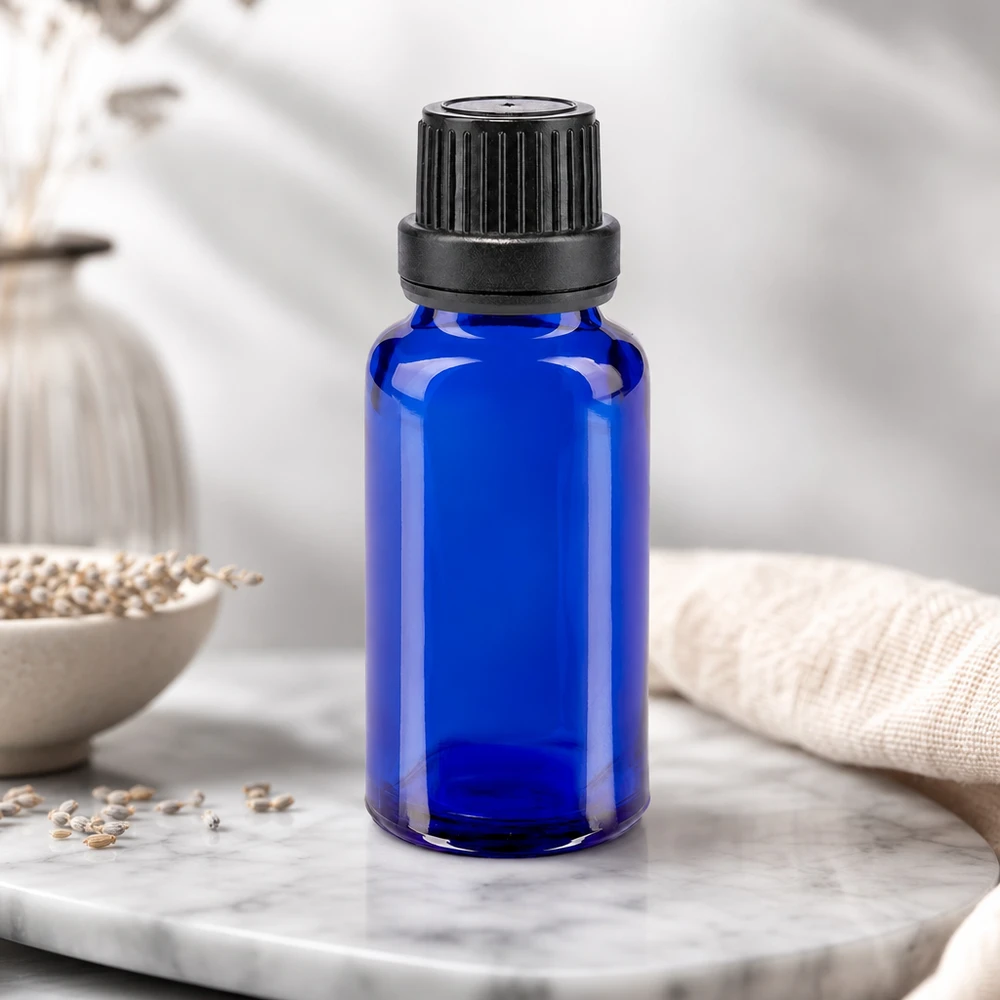 Flacone da farmacia blu da 20 ml in vetro borosilicato con tappo nero a prova di bambino da 11 mm