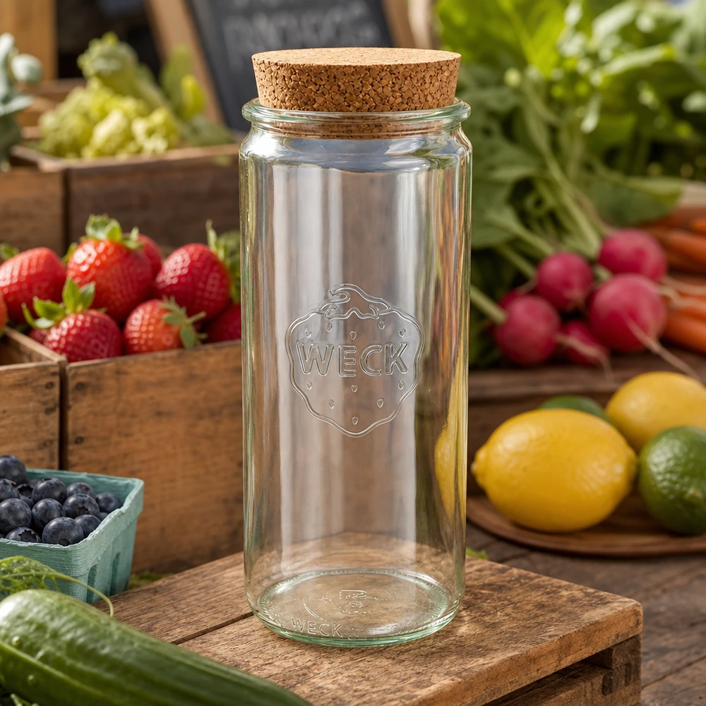 Vaso cilindrico WECK 1040ml RR80 su tavola di legno circondato da frutta e verdura fresche Vaso per la conservazione di scene di cucina