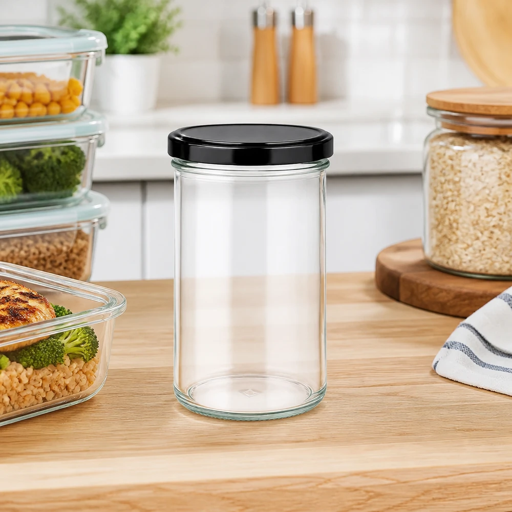 Bicchieri da 277 ml con coperchio BasicSeal nero UNiTWIST. 277ml Sturzglas in moderner Küche als Vorratsglas für Lebensmittel neben Meal-Prep-Behältern auf Holzarbeitsplatte
