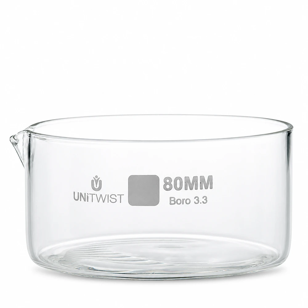 Vaschetta di cristallizzazione da 80 mm in vetro borosilicato trasparente 3.3 di UNiTWIST con beccuccio